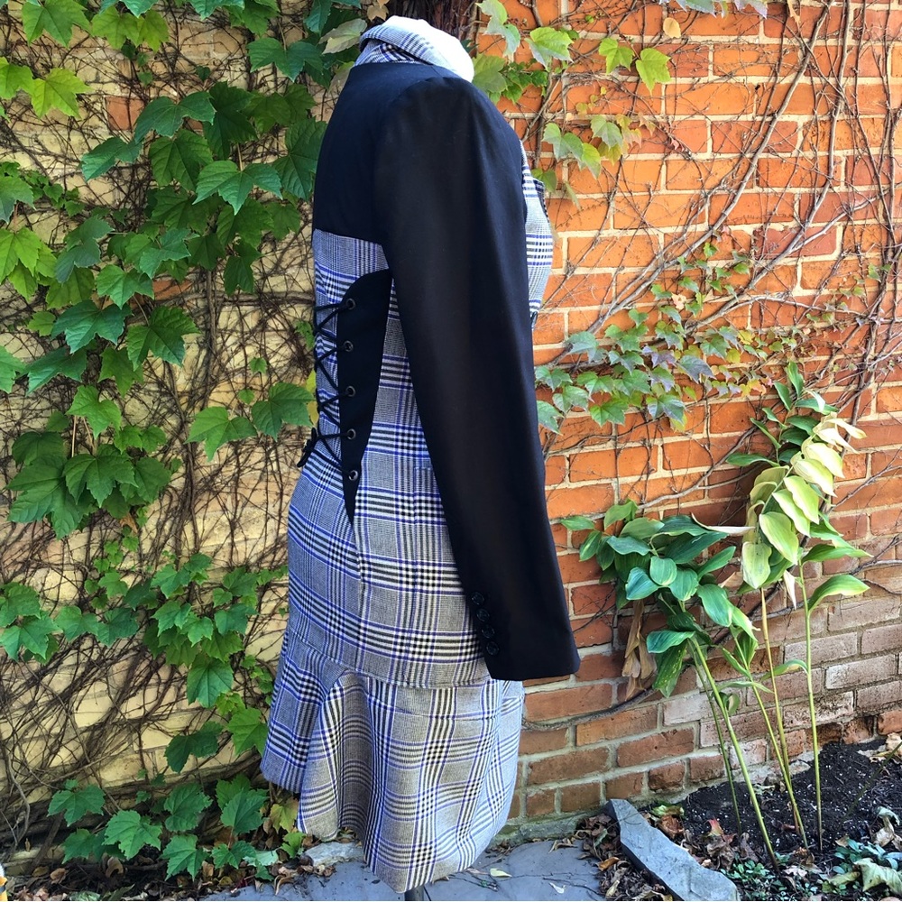 Small/Medium 5/6 Lace Up Fine Wool Jacket Upcycled Plaid Double Breasted Coat - Picture 3 of 8